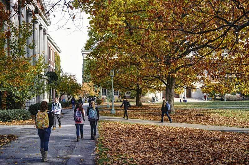 Students walking to class on the quad in Autumn